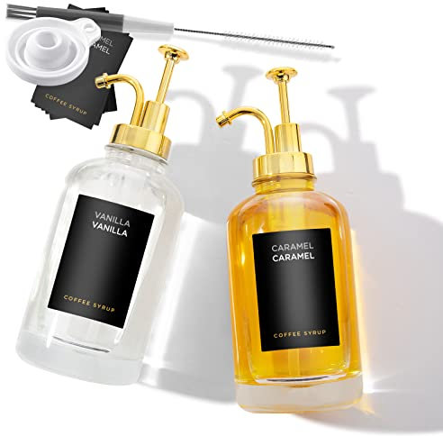 Joyfulmap Lot de 2 distributeurs sirop à café avec 18 étiquettes, distributeur pompe café, bouteilles simples d'érable/café étiquettes noires, 500 ml