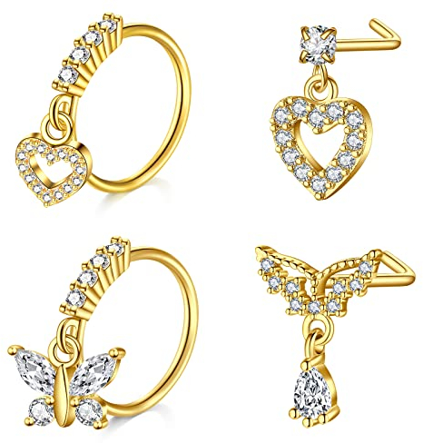 Mayhoop Nasenpiercing Stecker Nasenringe 20G 4Stk Goldene Chirurgenstahl L Form Nasenstecker mit Strass für Frauen Männer