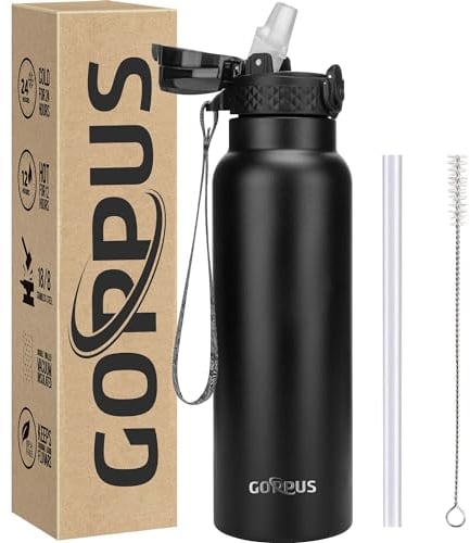 GOPPUS 750ml/26oz Stainless Water Bottle with Straw Double Wall Insulated Bottles with Strap Reusable Vacuum Thermal Flask Leakproof Keep Cold Drinks Bottles with Flip Top Lid for Men Women BPA Free