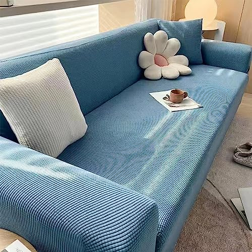 AYLFBFU Sofa Bezug Rutschfester und weicher, elastischer Stoff Sofaschoner Katze 3 Sitzer Dicke waschbare Reine Farbe, Universal Sofabezug Verschiedene Größe und Farbe Hellblau (1 Stück)