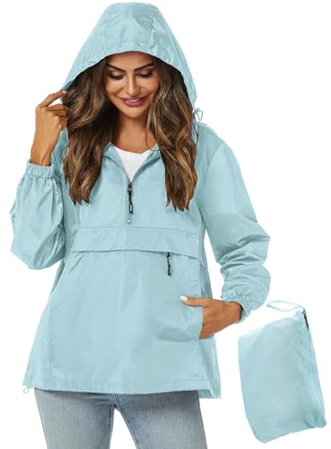 Avoogue Ladies Raincoats With Hoods Waterproof Lightweight Anorak Jacket Women Waterproof Light Blue L