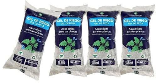 PLANETA HUERTO | Pack 4 x Gel de Riego 400 ml Hidrogel Autorriego Plantas Hasta 30 Días - Gel de Riego Automático para Macetas, Jardines, Huertos Urbanos y Plantas de Interior