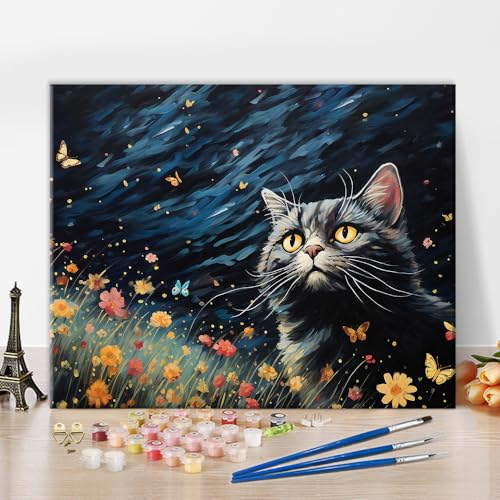 TISHIRON DIY Malen nach Zahlen Erwachsene Anfänger schwarze Katze Öl Handmalerei mit Pinseln Tiere Malen nach Zahlen Kits Blumen Malerei Kunsthandwerk 40 x 50 cm(rahmenlos)