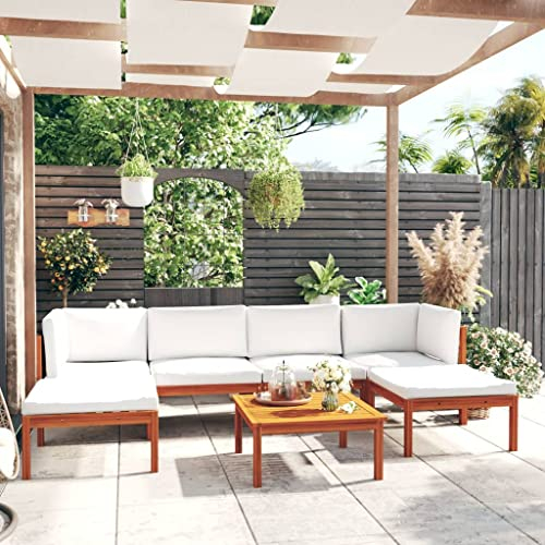 Willood 7-TLG. Gartenmöbel Set Garten Terrasse Balkonmöbel Sofa Bank Gartenset Sitzgarnitur Mittelsofa Ecksofa Garten Lounge Set mit Kissen Cremeweiß Massivholz Akazie