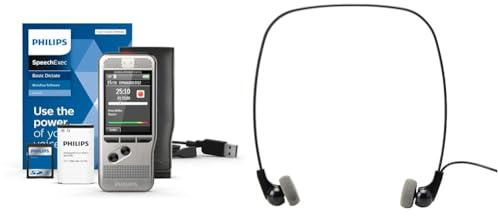 Philips PocketMemo DPM6000 Digitales Diktiergerät, Audiorecorder, Aufnahmegerät inkl. Diktiersoftware SpeechExec Basic 2-Jahres-ABO & Transkriptions-Kopfhörer LFH0334