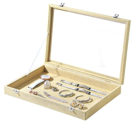 Coward Schmuck-Organizer-Box, Gelbes Leinen-Display-Tablett mit Deckel für die Aufbewahrung von Halsketten, Armbändern, Ringen, Perlen und Schmuckzubehör