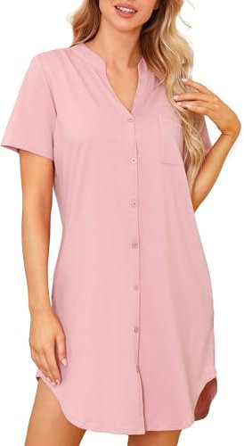 Lovasy Chemise de Nuit Femme Coton Sexy Chemise de Nuit à Manches Courtes avec Bouton Vêtement de Nuit Col en V Été Nuisette Court avec Poches B Rose Haricot XXL