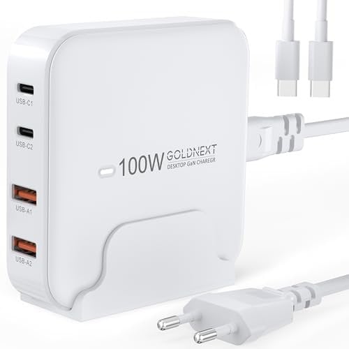 100W USB C Charger GOLDNEXT 4-Port Macbook Pro Charger Plug Desktop Multi Charging Station GaN Fast Laptop Charger for MacBook Pro, MacBook Air, Laptops, iPad Pro, iPhone 16/15 Pro/14, Galaxy S24/S23