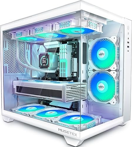 MUSETEX Case PC ATX, 6 ventole PWM ARGB preinstallate, supporto RAD 360MM, gioco Type-C 270° full view vetro temperato Mid Tower Pure White ATX Computer Case, Y6