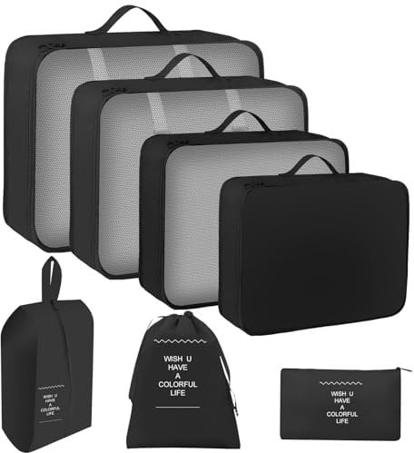 RISVOWO Organisateur de Voyage, Lot de 7 Organisateur Valise Packing Cubes, Étanche Sacs de Voyage Rangement pour Vêtements Sous-vêtements, Chaussures et Cosmétiques (Noir)