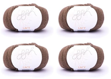 ggh Lacy Set | 4x25g (insgesamt 100g) Set| 150m/25g Merinowolle mit Seide zum Stricken | Farbe 018 - Braun