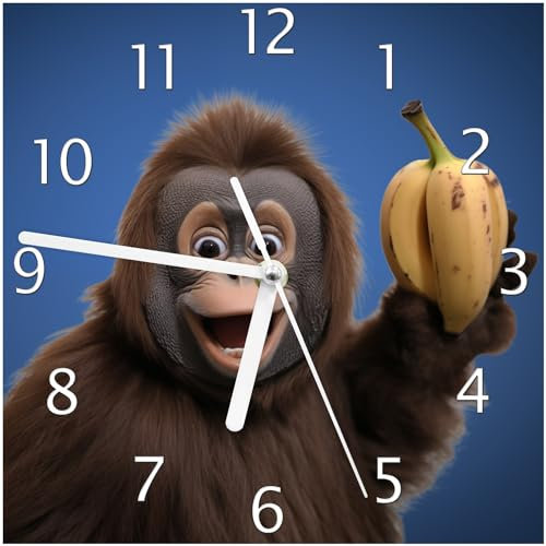 Wallario Design-Wanduhr Lustiger AFFE mit Bananen aus Glas, Motiv-Uhr Größe 20 x 20 cm, weiße Zeiger