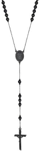 Supcare Schwarz Kette für Herren Jesus Kreuz Kette mit Glasperlen Rosenkranz Katholische Halskette Gebetskette Christlich EdelstahlKette Jungfrau Maria Rosary Religiöse Kruzifix Anhänger Modeschmuck