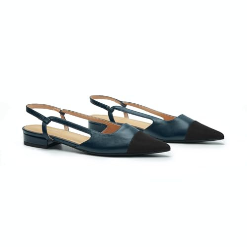 C.Paravano Damen Schuhe Slingback Flach mit spitzem Zeh & zweifarbigem Design | Slingback Ballerina Damen | Sandalen Sommer | Elegant für Büro, Abendevents und Alltag(38.5,Blau