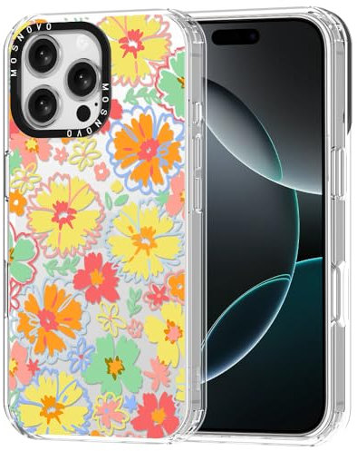 MOSNOVO Case for iPhone 16 Pro Max, [Buffertech 6.6ft Military-Grade Drop Protection] [Anti Peel Off Tech] Clear TPU Bumper Phone Case Cover Design - Retro Boho Hippie Flowers