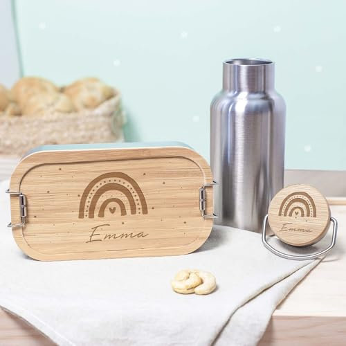 hellomini Lunchbox & Trinkflasche Bambus personalisiert | Geschenk zur Einschulung für Kinder | Isolierflasche Edelstahl & Brotdose mit Namen (Regenbogen)