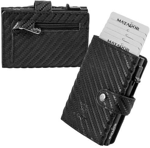 MATADOR Slim Wallet Miami – Leder Kreditkartenetui mit POP-UP Kartenhalter - mit RFID-Schutz & Münzfach - Mini Portemonnaie – kleine Geldbörse Männer mit Geschenk-Box Carbon Schwarz