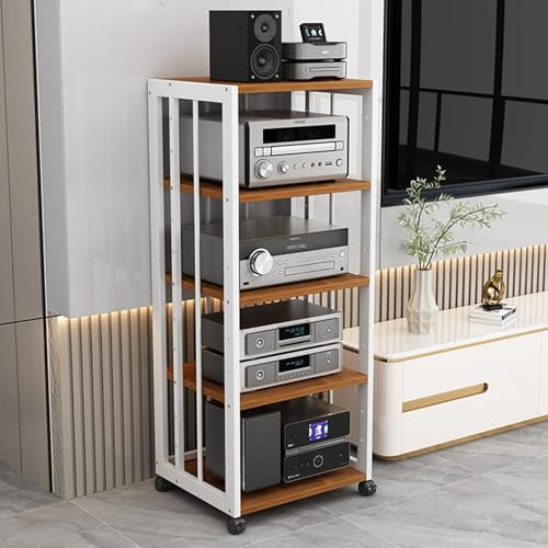 GUAWJRZDP 5-stufiger Hi Fi Rack, Hi Fi Regal mit Höhenverstellbarem Regal, Audio Rack Hi Fi Regal Mit Rädern, Moderner Record Player Stand for Das Wohnzimmer, Eck-Entertainment-Center(White+Walnut)