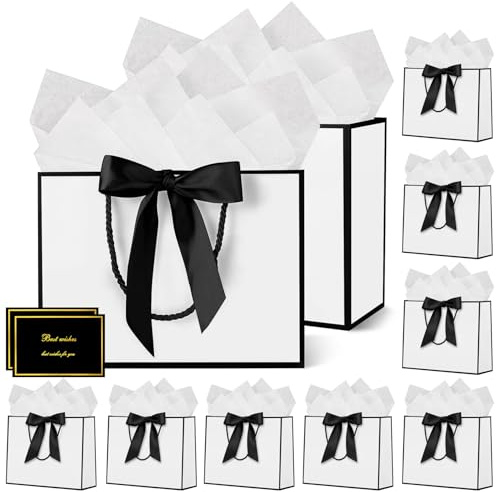 HONTIUS Sacs Cadeaux Pochette Cadeau, Lot de 10 Sac Cadeau Noel 12.59 avec 10 Papiers Sydney 10 Cartes, 32 * 25 * 10cm Sac Cadeau Anniversaire pour Anniversaire, Cadeau, Fête, Mariage Blanc