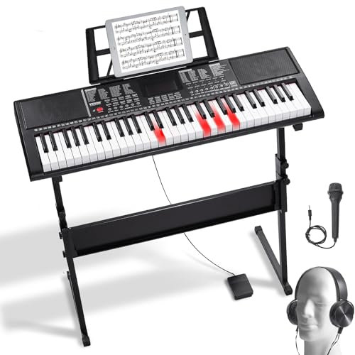VEVOR Piano Digital Portátil de 61 Teclas con Teclas Iluminadas, Soporte Ajustable, 600 Tonos, 500 Ritmos, Altavoces Integrados, Pedal de Sustain, Auriculares, Micrófono, USB MIDI para Principiantes