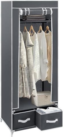Youyijia Portable Wardrobe Single Canvas Wardrobe Clothes Storage Organizer with 2 Drawers and Hanging Rail Foldable Closet for Clothes, Bags, Toys, Shoes 160 x 60 x 43CM (Grey)