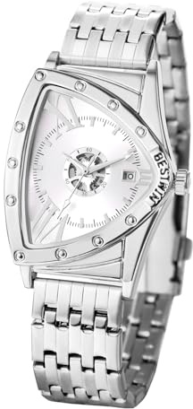Silverora Herrenuhren Wasserdicht Kalender Quarzförmige: Dreieckige Skelett Datum Analog Quarz Uhren Herren Edelstahl Armbanduhren Mit Römische Zahlenskala Geschenke für Männer