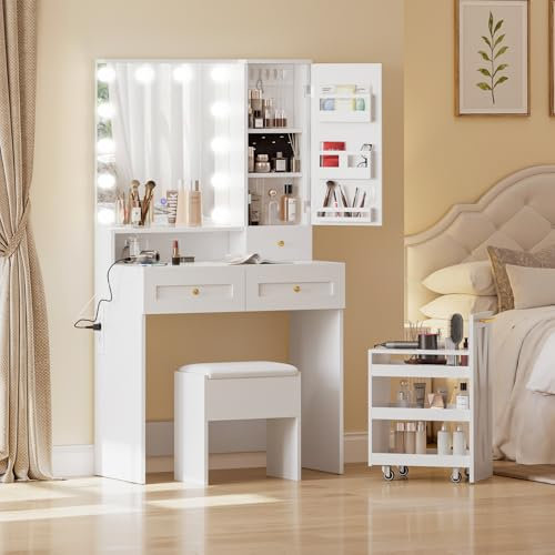 Dressing Table with Mirror and Stool, White Vanity Table with LED Lights, Jewelry Hook & Ring Organiser, Charging Socket, 3-Tier Storage Trolley, Makeup Desk with 2 Drawers & Shelves for Bedroom