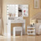 Dressing Table and Stool Set, Vanity Table with LED Lights,Jewelry Hook&Ring Organiser,Charging Socket, 3-Tier Storage Trolley with Hand Dryer Holder,Makeup Desk with 2 Drawers & Shelves for Bedroom