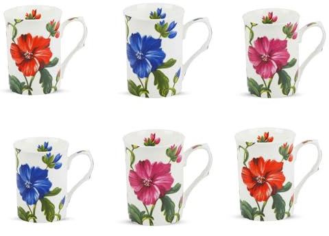 Tamersgifts Fine Bone China Floral Mugs, Chelsea Blossom Pattern, Set of 6, 300ml, 10.2cm Height