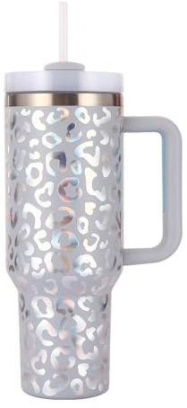 40 oz Thermal Mug with Straw and Handle, 1180 ml Double-Walled Stainless Steel Hot Cold Drinks Vacuum Drinking Cup, Coffee Mug for Home Travel (Leopard Print Grey, Millilitres, 1180 ml)
