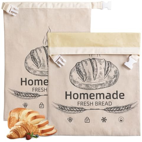 Paquete de 2 bolsas de pan de cera de abeja para masa madre, con hebilla, reutilizable, de lino orgánico, bolsa de pan de cera de abeja para masa madre casera de 17.5 x 11.5 pulgadas, bolsa de