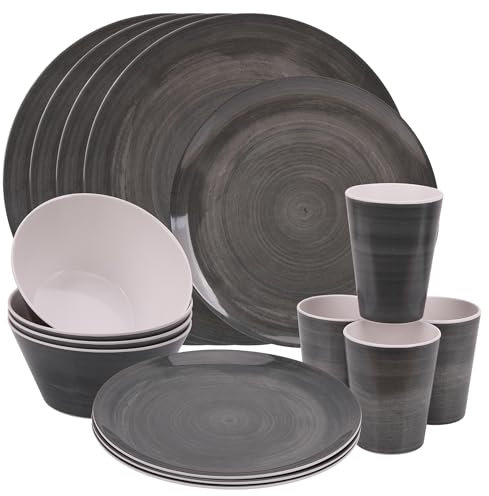 Juego de vajilla de melamina irrompible de 16 piezas | Platos, platos de postre, cuencos y tazas | Servicio para 4 | Duradero y reutilizable | Ideal para interiores, exteriores, picnics y camping