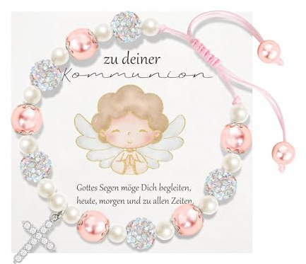RMMD Kommunion Geschenke für Mädchen, Armband Kommunion Mädchen, Kommuniongeschenke Silber Schutzengel Kreuz Armband Perlenarmband, Erstkommunion Geschenke Kommt mit Karte und Stoffbeutel