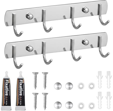 2 Stück Hakenleiste Küche, Garderobenhaken aus 304-Edelstahl, Garderobenleiste mit 4 Haken, Problemlose Installation Kleiderhaken Wand, Kleiderhaken für Küche, Badezimmer, Wohnzimmer, Flur (20cm)