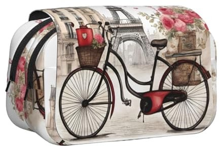 YQxwJL Love Paris Federmäppchen, Motiv: Turm, Kaffee, Wein, Parfüm, Fahrrad, Herzdruck, großes Fassungsvermögen, tragbar, mit Reißverschluss, für Büro und Zuhause