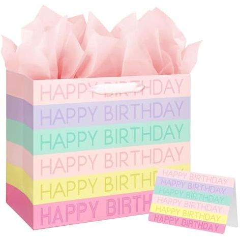 Large Birthday Gift Bag, Macaron Gift bags for Presents, Medium Gifts Bag with 3 Tissue Paper and 1 Greeting Card for Men Women's Birthday Supplies, Presents Bags with Handles for Kids Adults