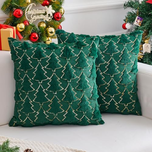 Brylleii Weihnachts Kissenbezug 2 Stück 50x50 cm Weihnachtskissen Kiefern Baum Grün Muster Kissenbezüge Weich Samt Winter Weihnachten Kissenhülle Weihnachtsdeko für Aesthetic Sofa Wohnzimmer Couch