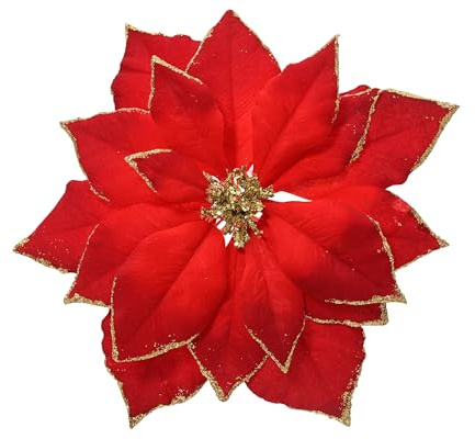 Kaemingk Weihnachtsstern Blüte künstlich 24cm mit Clip 1 Stück - Christbaumschmuck Kunstblume Weihnachten - Christstern Deko Weihnachtsblume - Blume Weihnachtsdeko - Rot Gold