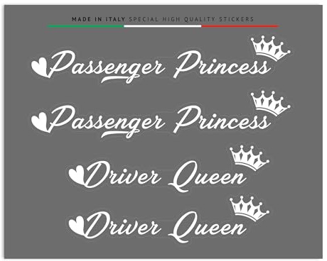 4R Quattroerre.it Aufkleber Passenger Princess & Driver Queen, Set mit 4 dekorativen Aufklebern, ideal für Rückspiegel Helm PC, Made in Italy, 12 x 9,5 cm (Weiß)