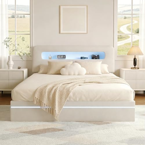 BRILVERDE Polsterbett 160x200 mit Stauraum, Doppelbett mit LED, Stauraumbett mit Kopfteil, Bettgestell mit Lattenrost, Samt (Beige, 160 x 200 cm)