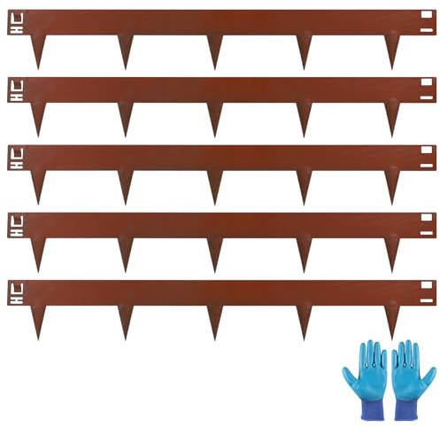 LALAGO Bordure Acier Corten Métal 5m, Bordure de Pelouse Flexible en Hauteur de 15cm - Marteler Simplement la Bordure avec Pointes - 5pcs x 1m Bordure de Jardin + 1 Paire de Gants de Montage (Rouille)