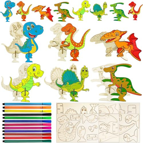 FZYESNO 24PCS Bastelset Kinder ab 4 5 6 7 8 9 10 Jahre, Dino Holz Basteln, Kindergeburtstag Basteln (3D Holz Puzzle), Dino Geburtstag Deko, Bastelsets für Kinder, 3D-Puzzle-Sets für 4-12-jährige