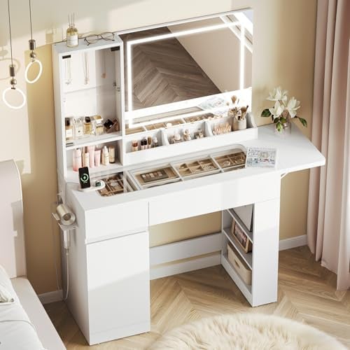 Dripex Schminktisch mit Spiegel & LED-Beleuchtung, Transparente Glasplatte | Ausklappbare Zusatzablage, 2 Steckdosen und 2 USB-Anschlüsse, Frisiertisch mit Viel Stauraum, 115 x 40 x 140 cm, Weiß
