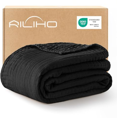 RILIHO musselindecke Adult 152 x 203, 100% Baumwolle, Sommer Decke, atmungsaktive Gaze-Decke alle Jahreszeiten, weich und leicht, Wohndecke Couch Decken, bettdecke, Schwarz