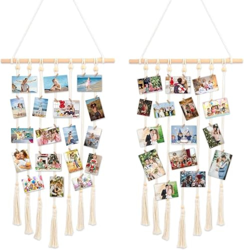 Fousenuk Lot de 2 Cadre Photo Pele Mural Porte,avec 7 Cordes 30 Pinces Bois | Cadres Accroche Photos Murale Présentoir, Cadre à Suspendre Décoration Support, pour Cadeau Anniversaire Femme