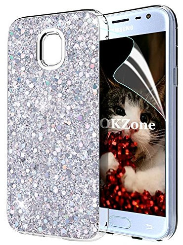 OKZone Coque Samsung Galaxy J3 2017, Mince Étui en Silicone Souple Paillette Strass Brillante Bling Bling Glitter de Luxe,TPU Housse Etui de Protection pour Samsung Galaxy J3 2017 (Argent)
