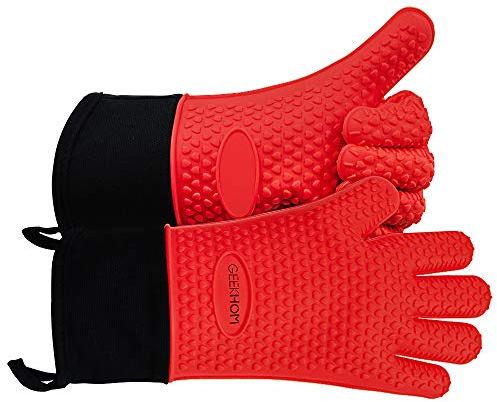 GEEKHOM Silicone Oven Gloves Heat Resistant Silicone Oven Mitts BBQ Gloves Waterproof Kitchen Gloves for Barbecue Grilling Weber Microwave, Non-Slip Oven Gloves with Fingers, Red