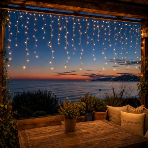 Mojawo 160er LED Lichtervorhang für Innen und Außen warmweiß Lichterkette Eiszapfen IP44