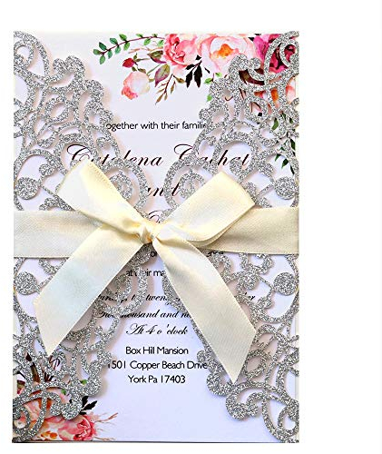 Jofanza Hochzeitseinladungskarten mit Bändern, 12,7 x 17,8 cm, silberfarben, lasergeschnitten, für Hochzeit, Brautparty, Verlobung, Geburtstag, Abschlussfeier, Einladung (Silber-Glitzer)