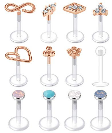 Mayhoop 12Pcs Piercing Tragus Helix Labret Studs 16G Acrylique Flexible Clair CZ avec Top Or Rose Retainers Clou de Oreille Tragus Cartilage Helix Lèvre Femme Homme Bijoux de Piercing 6-8mm